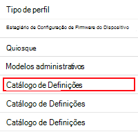 Captura de ecrã que mostra como abrir o catálogo de definições no Microsoft Intune e Intune centro de administração.