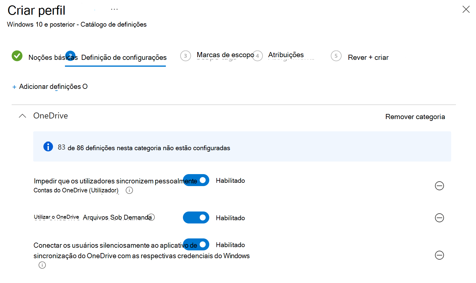 Captura de ecrã que mostra como criar uma política de catálogo de definições do OneDrive no Microsoft Intune.