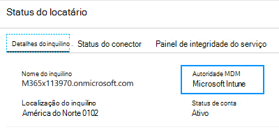 Captura de ecrã que mostra como definir a autoridade de MDM para Microsoft Intune no seu status de inquilino.