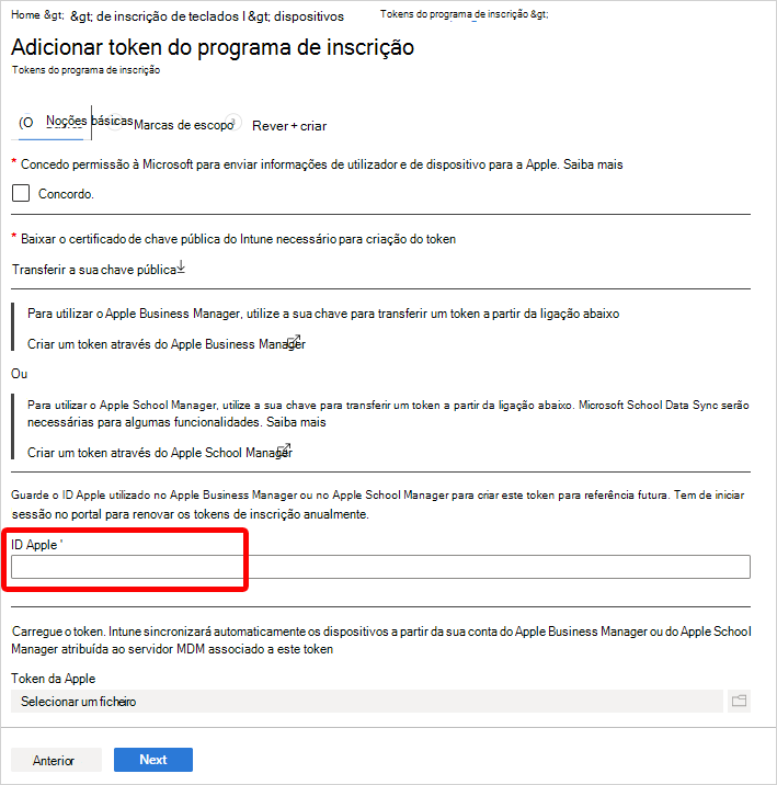 Captura de ecrã a realçar o campo ID Apple no painel Adicionar token do programa de inscrição.