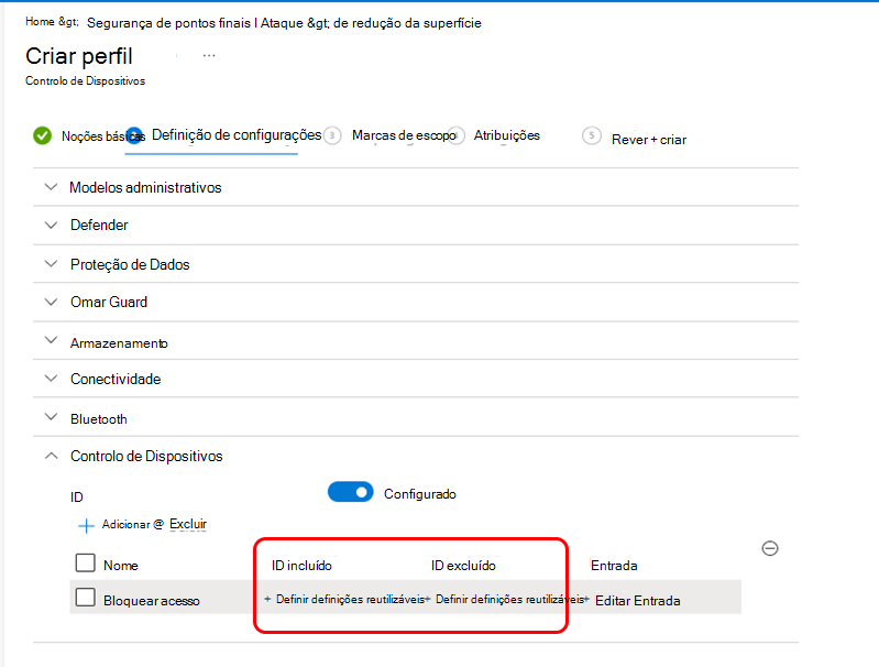 Captura de tela que mostra o painel Selecionar configurações reutilizáveis para perfis de controle de dispositivo.