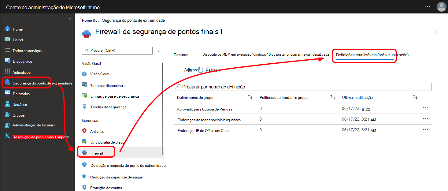 Captura de tela que mostra a guia Configurações reutilizáveis para políticas de firewall no centro de administração do Microsoft Intune.