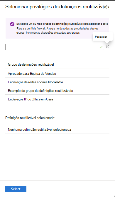 Captura de tela que mostra o painel Selecionar configurações reutilizáveis.