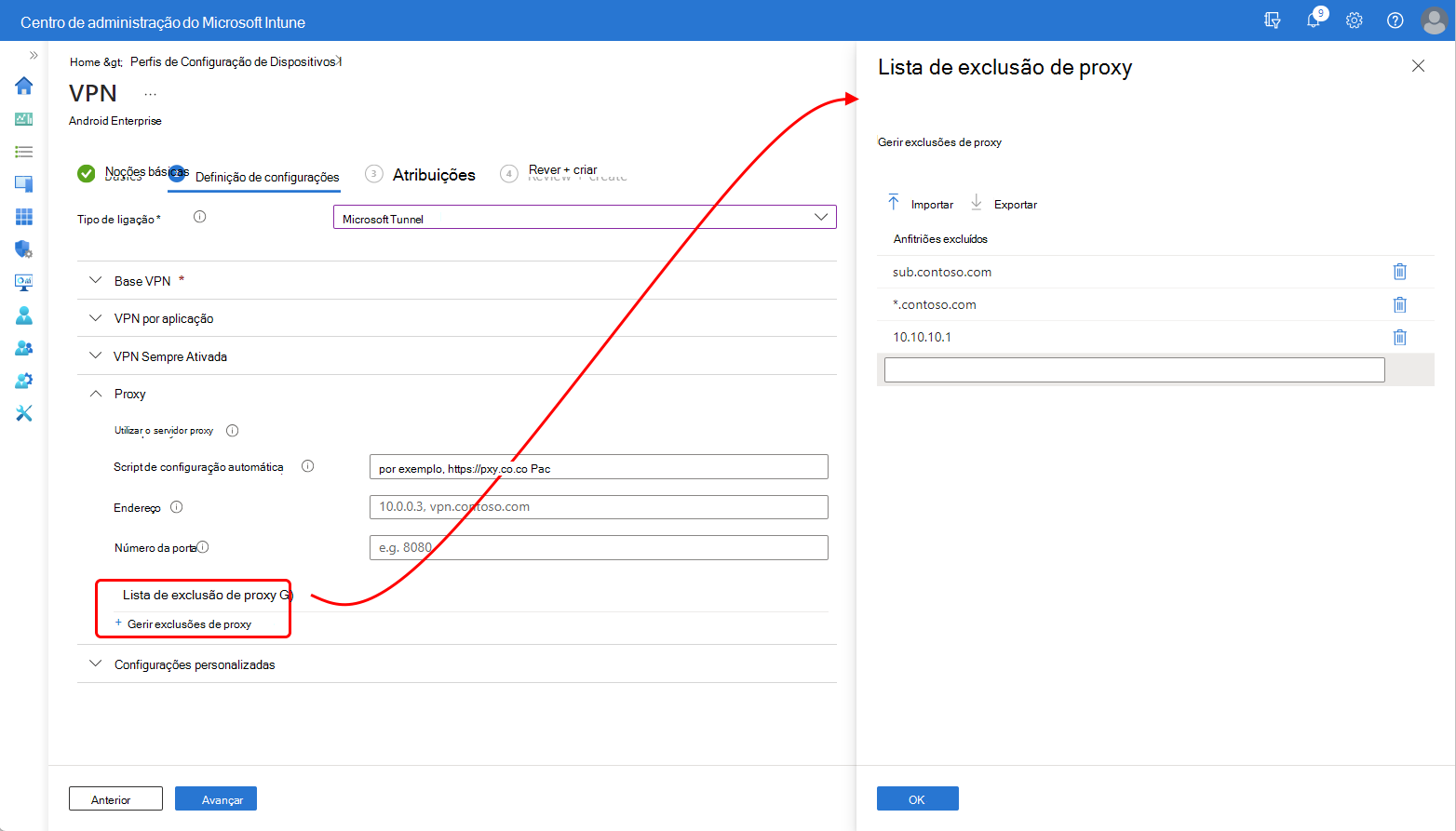 Captura de tela do painel da lista de exclusão de proxy no centro de administração do Intune.