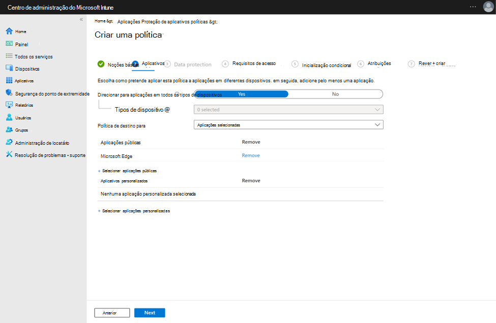Captura de tela da configuração de uma política de proteção de aplicativo com o Microsoft Edge como um aplicativo público.