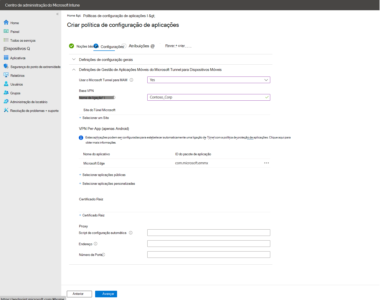Captura de tela da configuração por aplicativo com o Microsoft Edge adicionado.