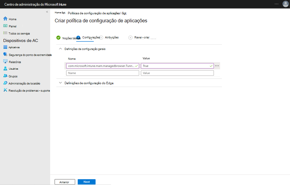 Imagem que mostra a chave de configuração do comutador de identidade e o valor do túnel MAM em dispositivos Android não gerenciados no Microsoft Intune.
