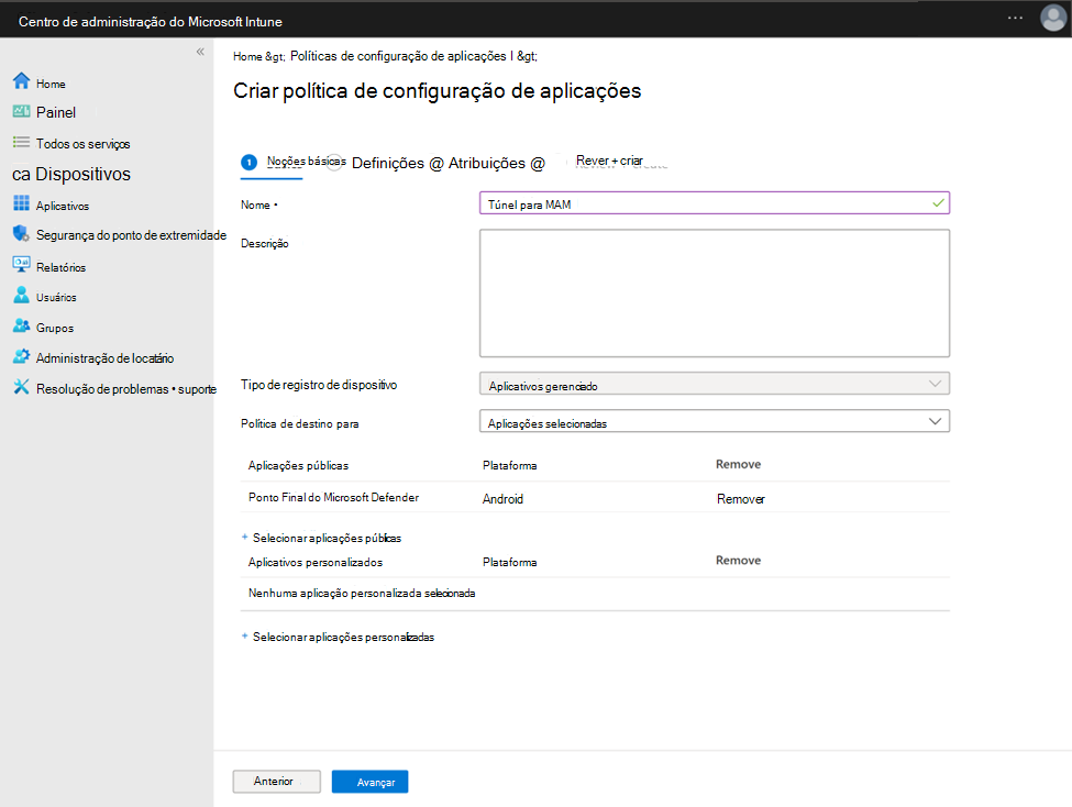 Captura de tela da configuração de uma política de configuração de aplicativo com o ponto de extremidade do Microsoft Defender como um aplicativo público.