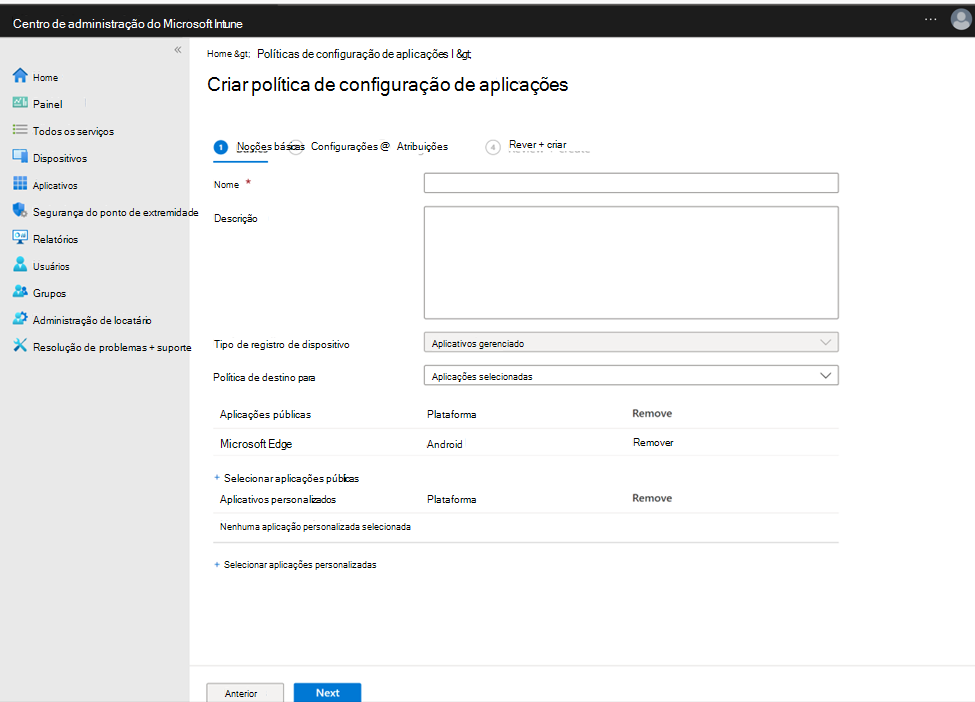 Captura de tela da configuração de uma política de configuração de aplicativo com o Microsoft Edge como um aplicativo público.