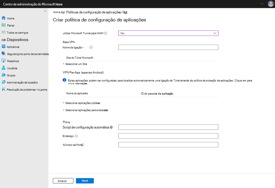 Captura de tela da configuração de políticas de configuração do aplicativo.