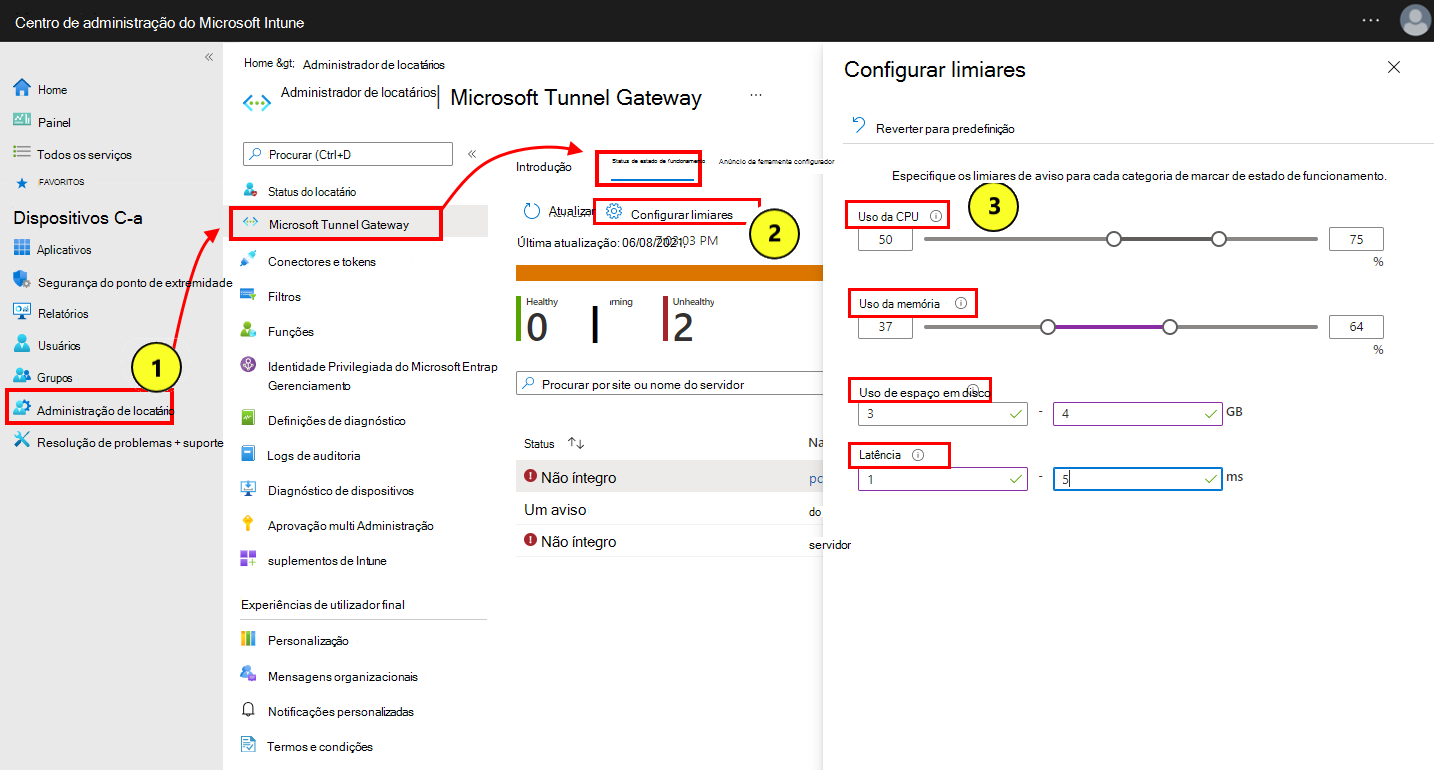 Captura de tela de como selecionar e configurar limites de status de integridade.