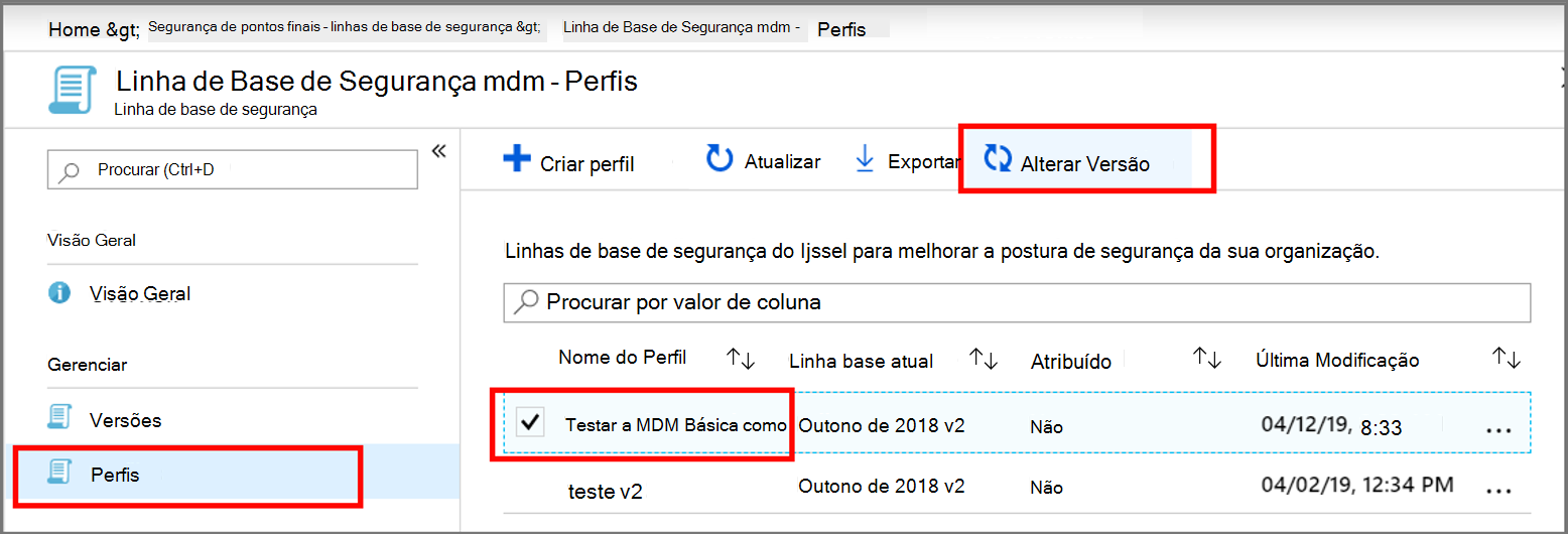 Captura de tela que mostra a seleção de uma linha de base.