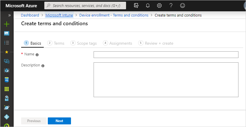 Screenshot do portal Azure mostrando a página Basics para termos e condições