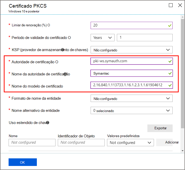 Perfil de certificado PKCS com seleções de modelo de certificado e CA configuradas para DigiCert
