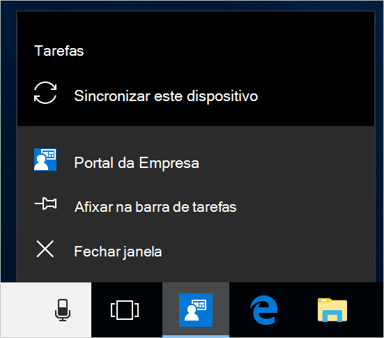 Captura de tela da barra de tarefas do Windows na área de trabalho de um dispositivo. O ícone do aplicativo do Portal da Empresa foi selecionado e mostra um menu com as opções 