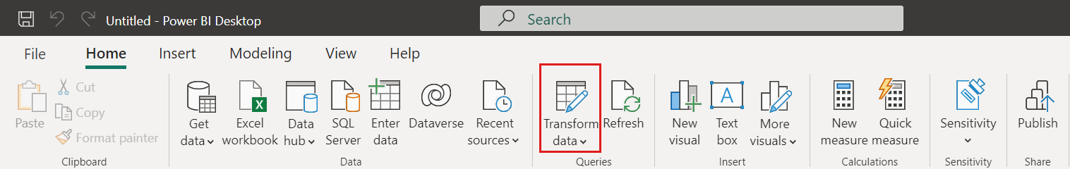 Captura de ecrã da opção transformar dados no Power BI Desktop.