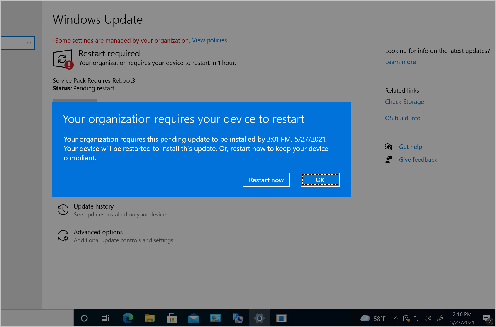Screenshot de um dispositivo que utiliza a experiência nativa do Windows Update para atualizações de software