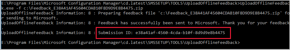 Confirmação de feedback de UploadOfflineFeedback.exe no Gestor de Configuração.