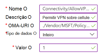 Exemplo de uma política personalizada que contém configurações VPN em Intune e Endpoint Manager