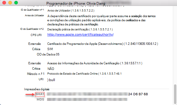 iPhone informações - Cadeia sha1 de impressões digitais