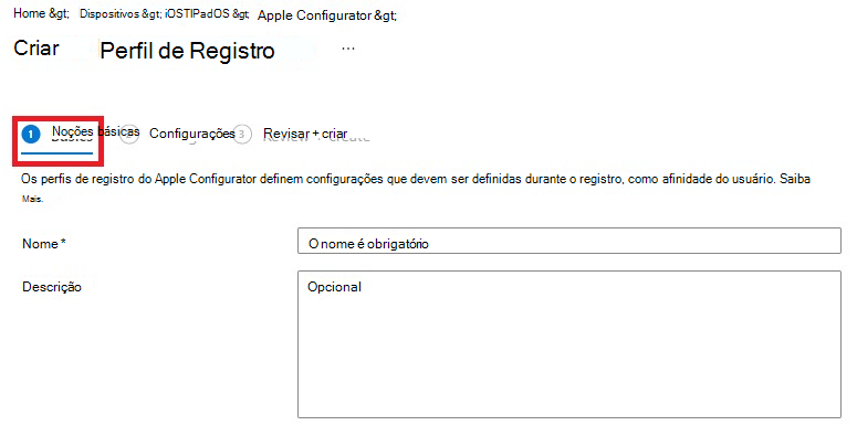 Screenshot do painel de perfil de inscrição criar com o separador Basics selecionado.