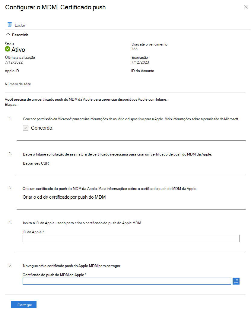 Captura de tela da tela Configurar MDM Push Certificate com MDM Push não configurado.