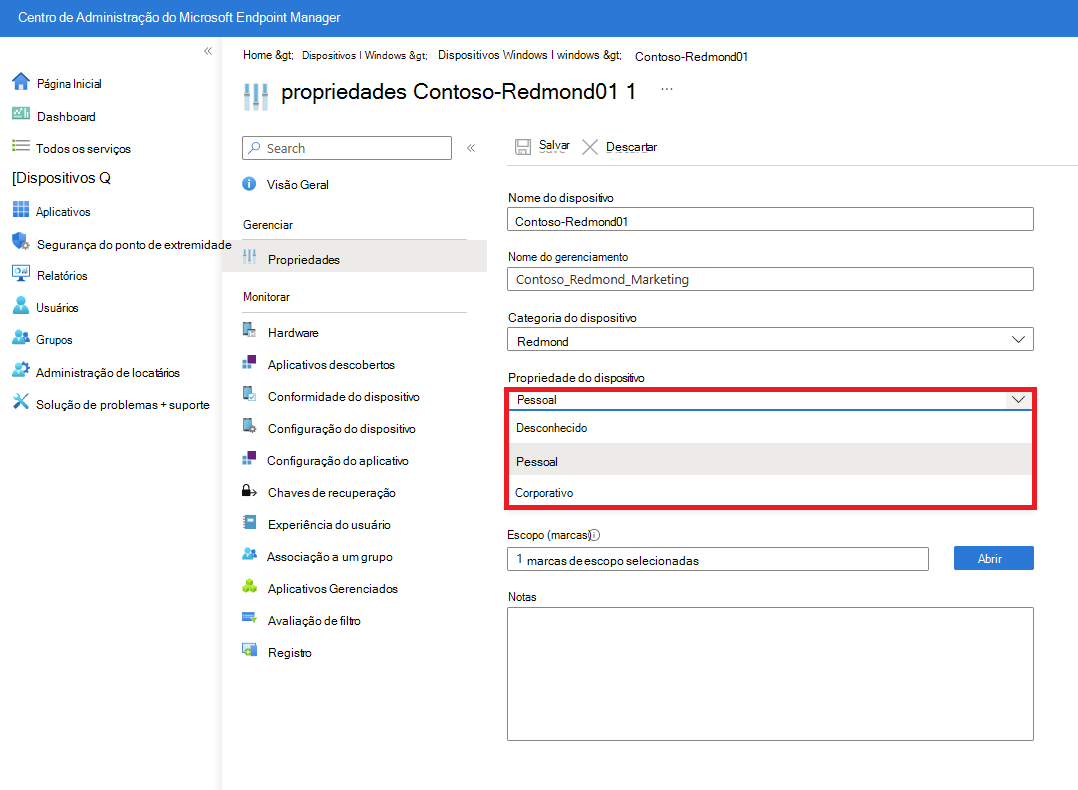 Propriedades do dispositivo a mostrar as opções Categoria de dispositivo e Propriedade do dispositivo