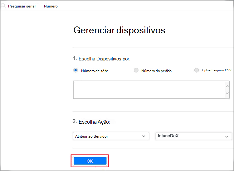 Captura de ecrã a mostrar a especificação de dispositivos selecionados pelo número de série, a definição da ação de seleção como Atribuir ao servidor e a seleção do nome do servidor.