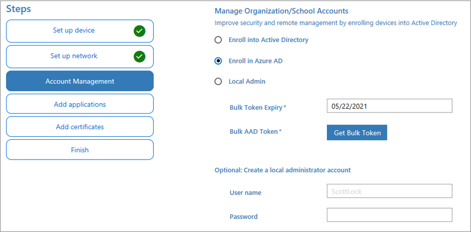 Captura de ecrã da gestão de conta na aplicação Windows Configuration Designer