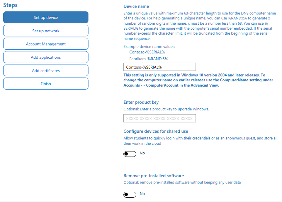 Captura de ecrã após especificar o nome e a chave de produto na aplicação Windows Configuration Designer