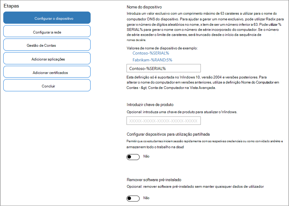 Captura de ecrã após especificar o nome e a chave de produto na aplicação Windows Configuration Designer