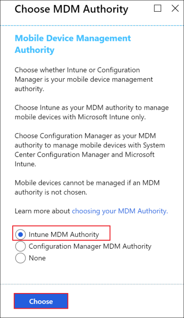 Imagem do painel Escolher Autoridade de MDM