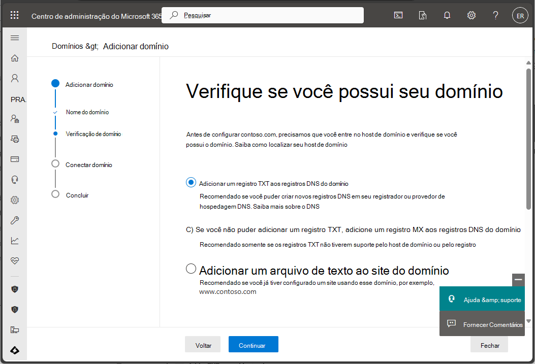 Screenshot de centro de administração do Microsoft 365 - Verificar domínio