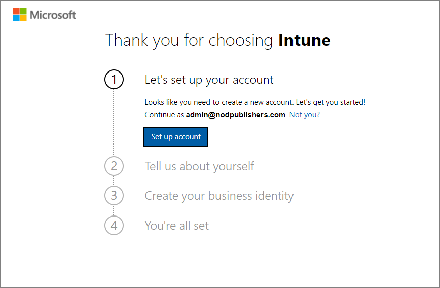 Screenshot da Microsoft Intune configurar página de conta - Configurar conta