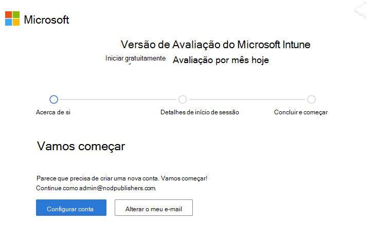 Screenshot da Microsoft Intune configurar página de conta - Configurar conta