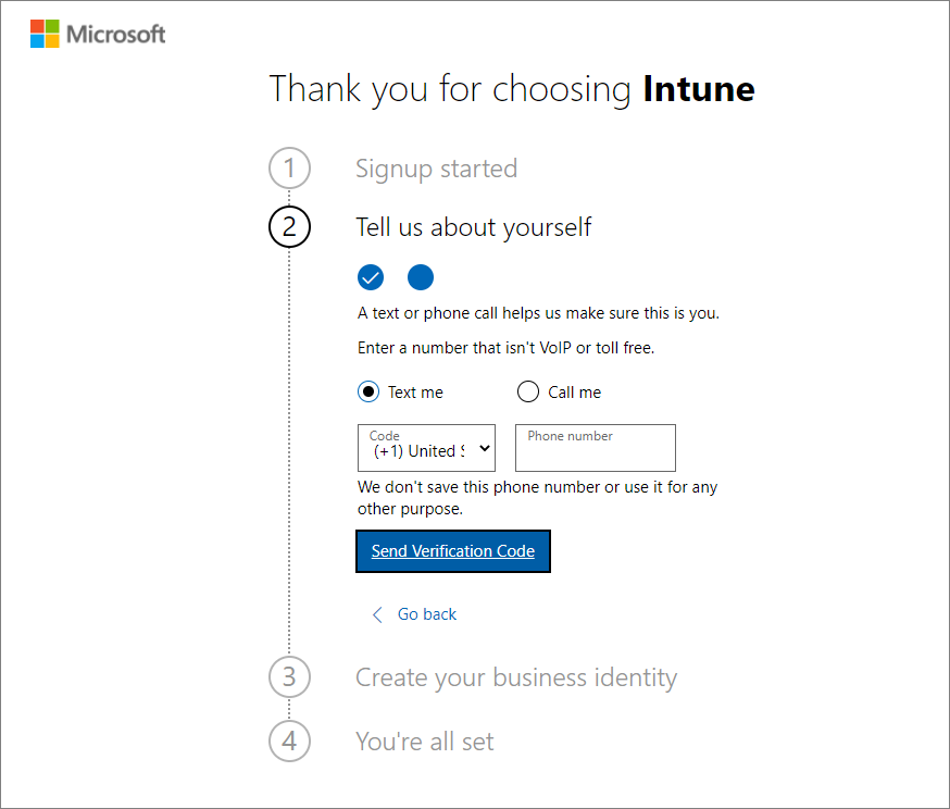 Screenshot da Microsoft Intune configurar página de conta - Enviar código de verificação