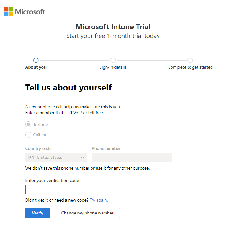 Captura de tela da página Configurar conta do Microsoft Intune – Verificar código