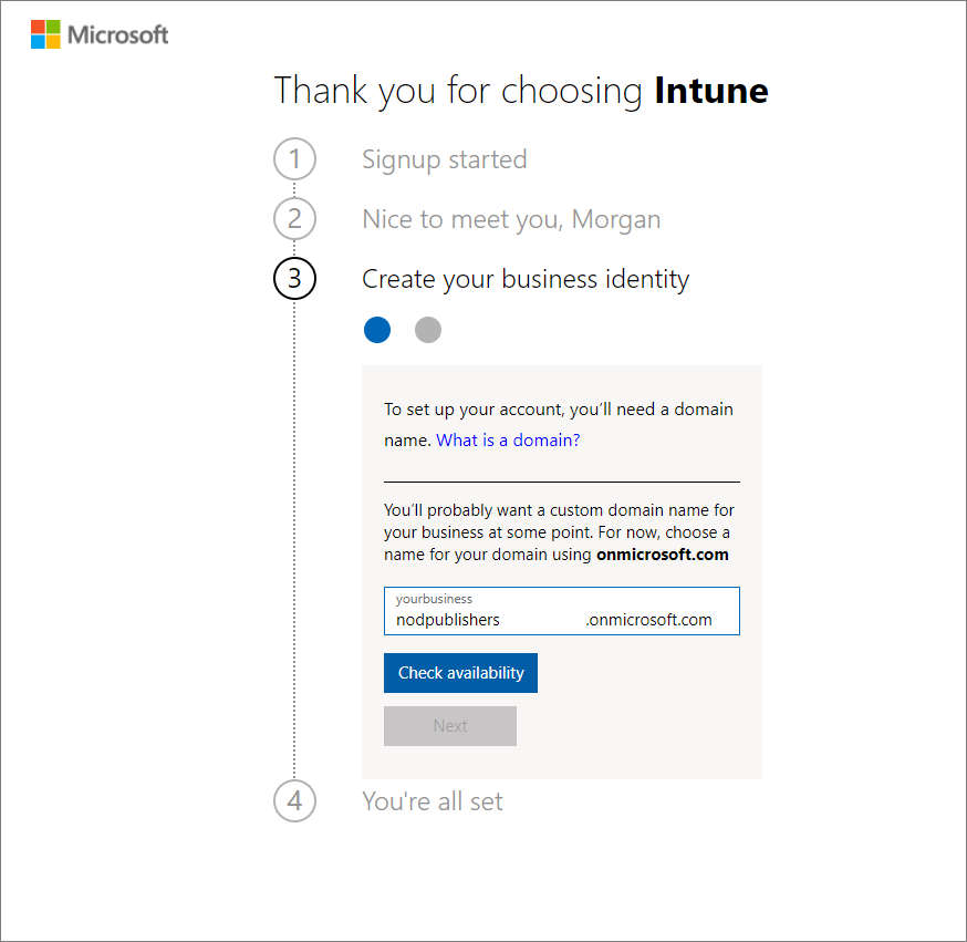 Screenshot da Microsoft Intune configurar página de conta - Adicionar nome de domínio