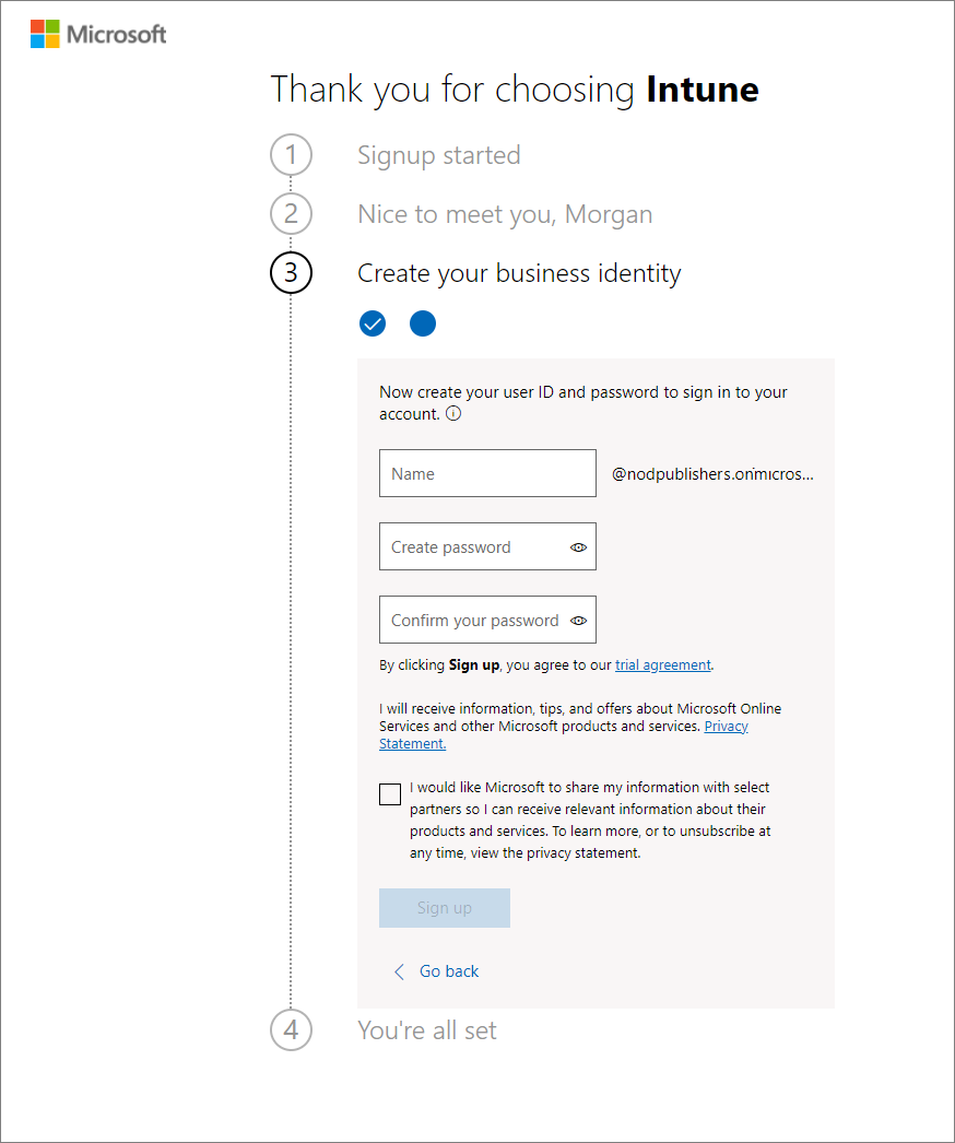 Screenshot da Microsoft Intune configurar página de conta - Adicionar nome de utilizador e senha