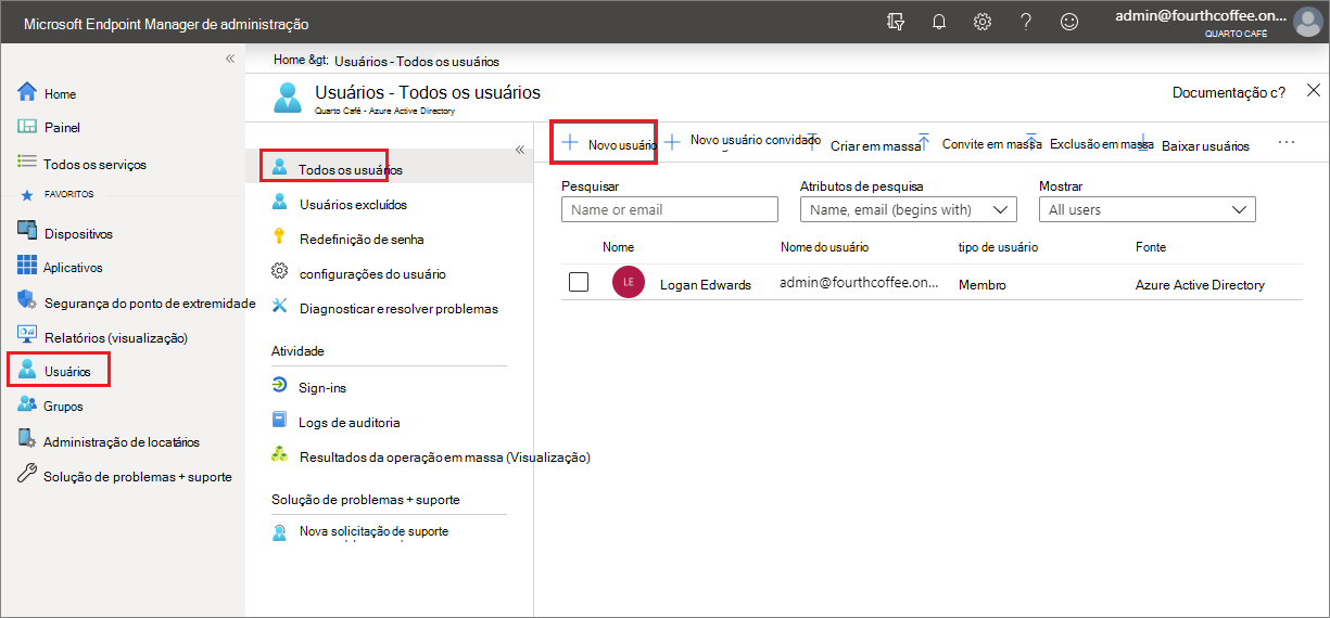  Microsoft Endpoint Manager, selecione Novo utilizador