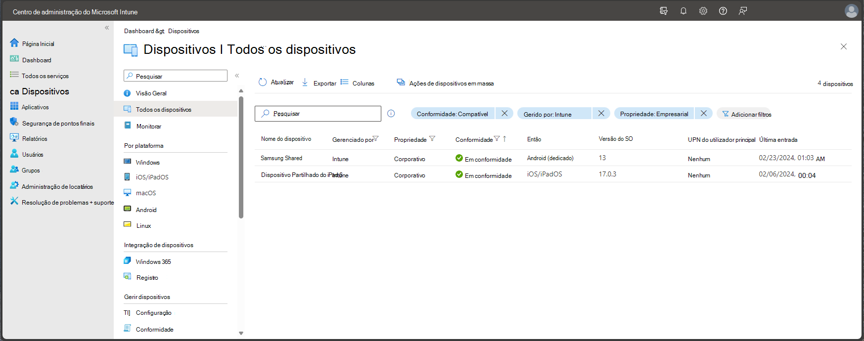 Screenshot do centro de administração Microsoft Endpoint Manager - Todos os dispositivos