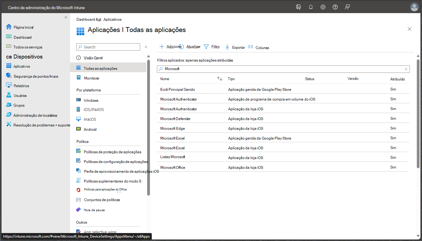 Screenshot do centro de administração Microsoft Endpoint Manager - Todas as aplicações