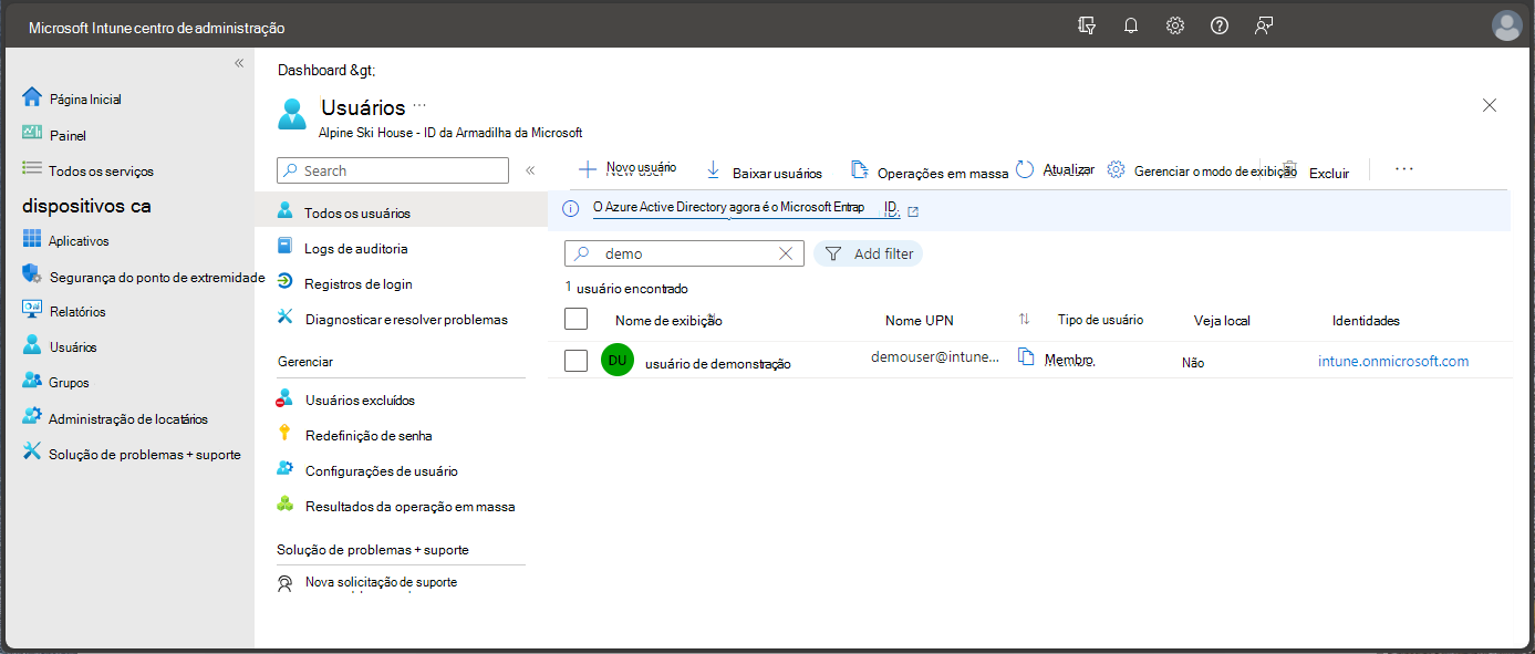 Screenshot do centro de administração Microsoft Endpoint Manager - Utilizadores