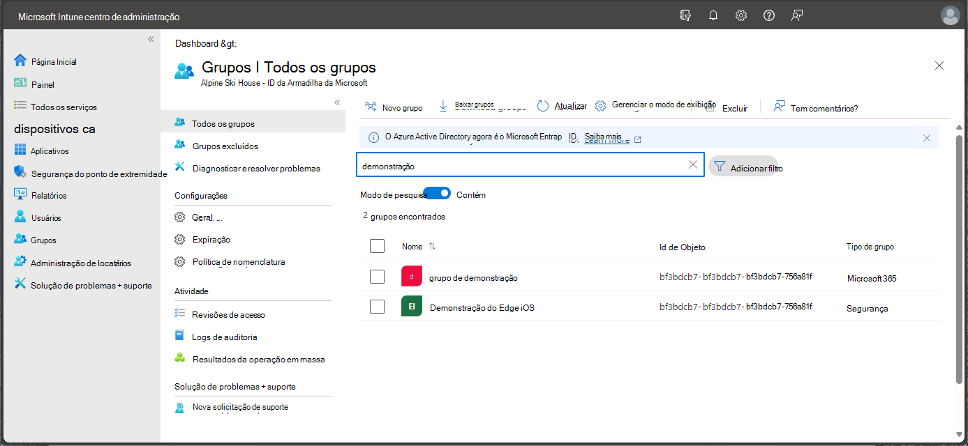 Screenshot do centro de administração Microsoft Endpoint Manager - Grupos