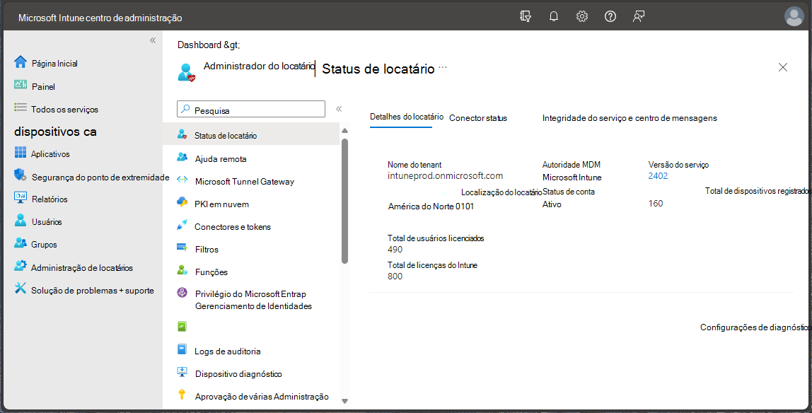 Screenshot do centro de administração Microsoft Endpoint Manager - Estatuto de inquilino