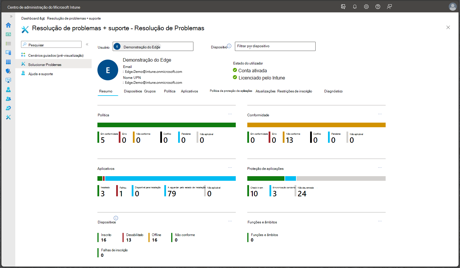 Screenshot do centro de administração Microsoft Endpoint Manager - Troubleshoot