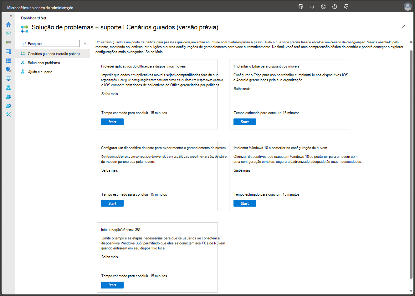 Screenshot do centro de administração Microsoft Endpoint Manager - cenários guiados