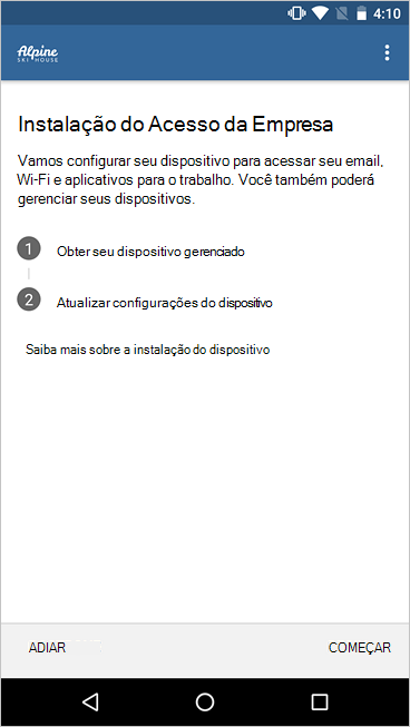 Imagem de exemplo da configuração de administração de dispositivos Android em Portal da Empresa, mostrando lista de verificação simplificada e novos ícones.