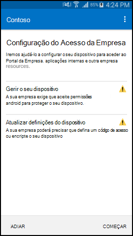 O Screenshot mostra Portal da Empresa aplicação para Android antes da atualização, ecrã de configuração do acesso à empresa.