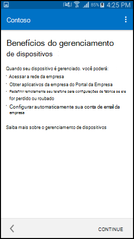 O Screenshot mostra Portal da Empresa aplicação para texto Android após a atualização, Benefícios do ecrã de gestão de dispositivos.
